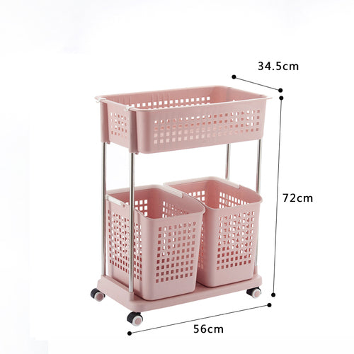 2 | Badezimmer-Wäschekorb mit 3 Fächern und Rädern