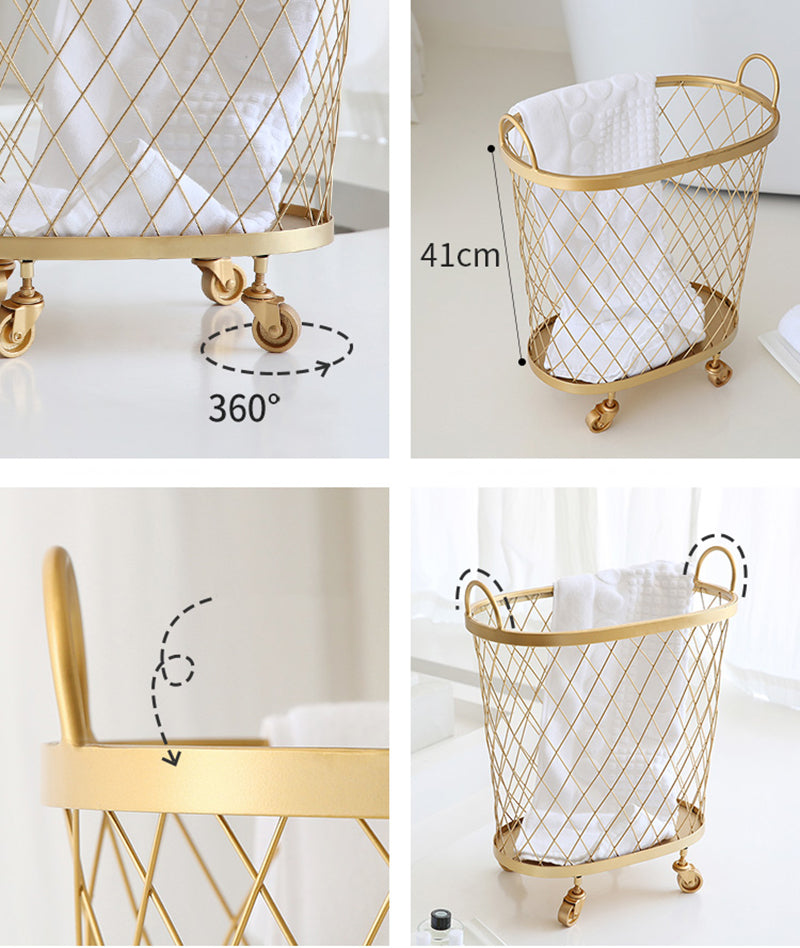 golden | Schwarz | Wäschekorb aus Metall mit Rädern
